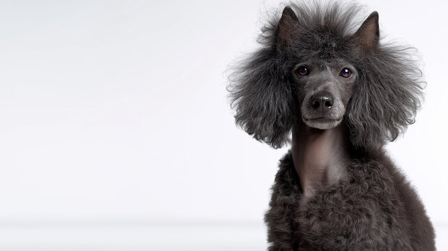 Elegant black poodle with curly fur against white background