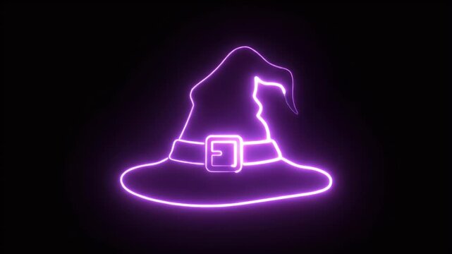 A neon purple outline of a witch's hat with a buckle on a black background