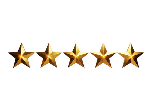 Five gold stars isolated on transparent background