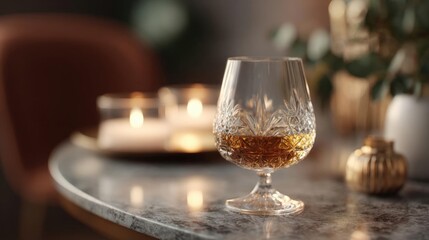 Obraz premium Glass of whiskey on a marble table. the glass is made of crystal and has a diamond pattern on it. it is filled with a golden-brown liquid, which appears to be whiskey.