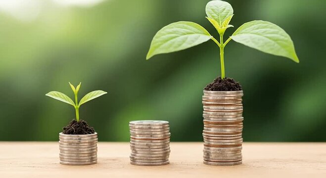 Gradual growth shown by plants on rising coin stacks against a green blurred background
