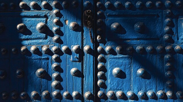Traditional blue door with ornate metal studs and shadows  