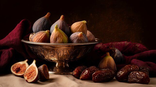Figs and dates arranged in decorative bowl on dark background  