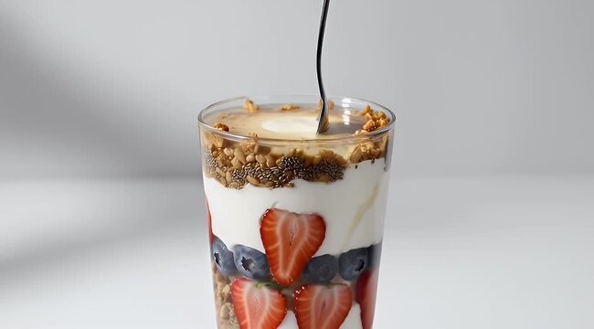 Delicious yogurt parfait with fresh berries, granola and chia seeds in glass