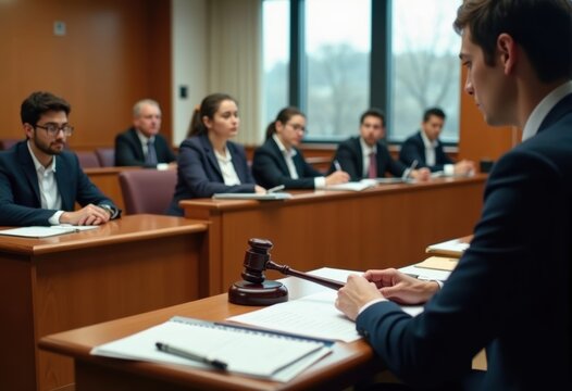 Dynamic Law School Moot Court Practice Mock Courtroom Session Involving Legal Analysis Advocacy Disputation Tactics