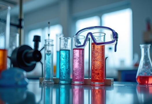 Dynamic Science Laboratory Experiment Raw Photo of Test Tubes and Safety Goggles in High-Detail Aesthetic Overhead View