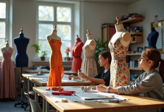 Dynamic Sewing Station in Fashion School with Mannequins and Sewing Tools for Creative Excellence