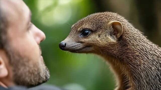 Man and mongoose interacting in profile closeup. Wildlife encounter showing animal behavior and human connection with nature.