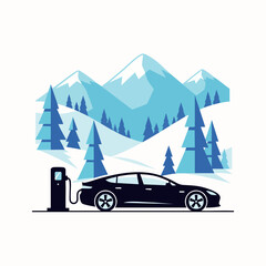 Electric car charging station in a snowy mountain landscape with pine trees, symbolizing sustainable travel and winter adventure.