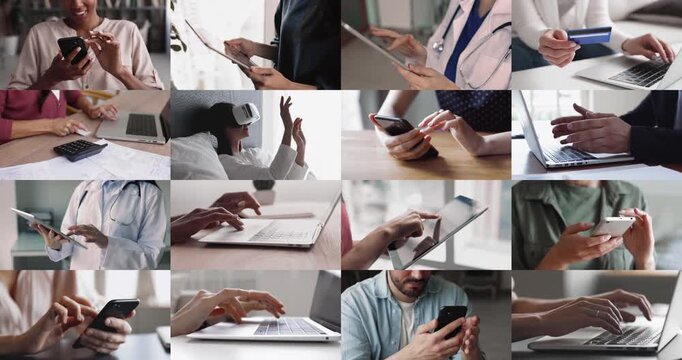 Young people of different occupations using digital gadgets for various work tasks, online communication, buying on internet, searching information. Cropped close up shots collage