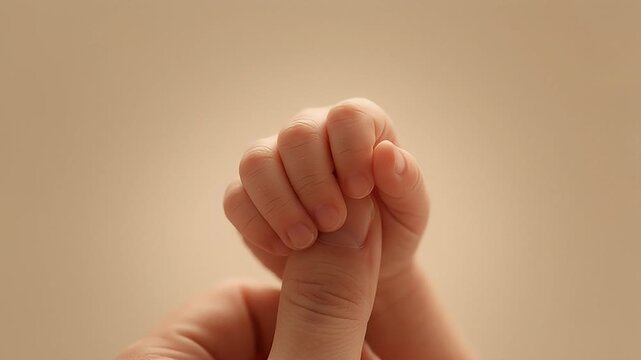 Newborn baby hand holding adult thumb, tiny infant fingers grasping parent finger, close up of newborn touch and bonding moment