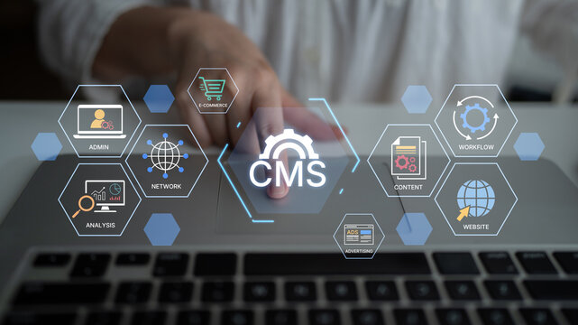 Concept of a Content Management System (CMS). A platform for website administration, digital content creation, workflow management, and e-commerce integration. Fermion