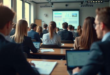 Fototapeta premium Startup Founders Pitching Innovative Business Ideas to Enthusiastic University Investors in a Dynamic Lecture Hall