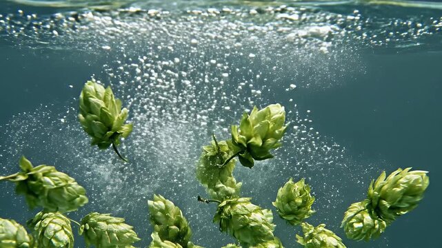 Green hop cones submerged in clear water, creating a cascade of bubbles