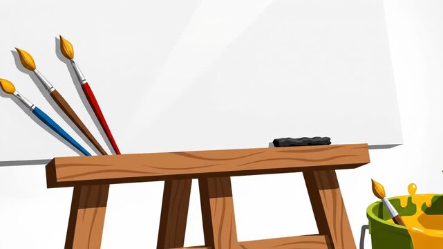 An easel with paintbrushes and a bucket of yellow paint on a white background