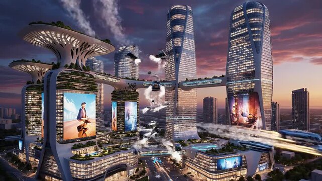 Futuristic city skyline with interconnected towers, flying vehicles, and lush greenery