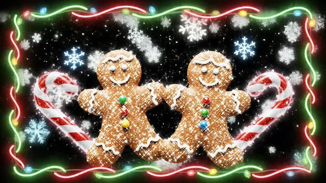 Two gingerbread friends embrace under festive, sparkly Christmas lights and snowflakes