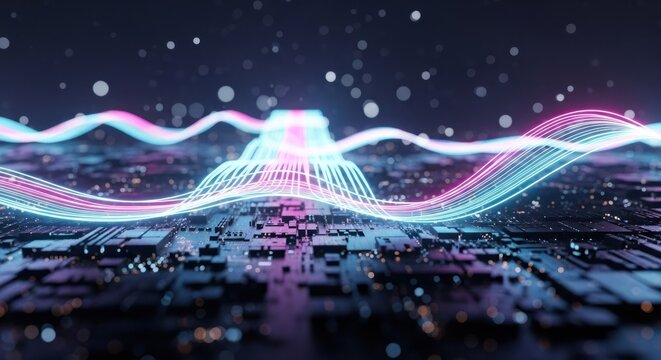 Abstract glowing digital landscape with circuit board and energy waves