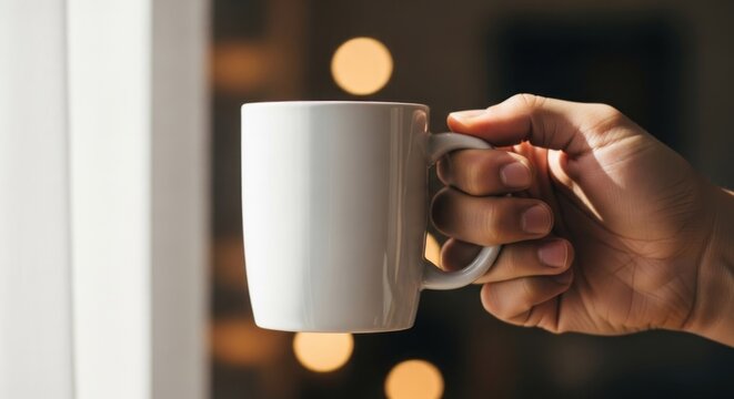 Close-up of a hand holding a warm mug of beverage, soft light, bokeh background
