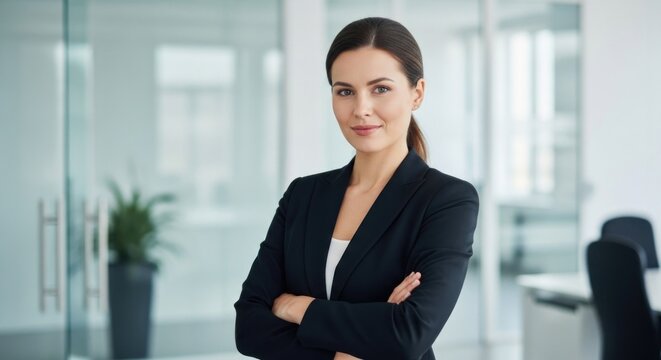 Confident professional woman in a modern office, arms crossed