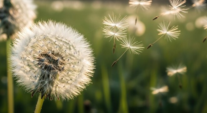 Dandelion seeds float away on a gentle breeze in a sunlit field