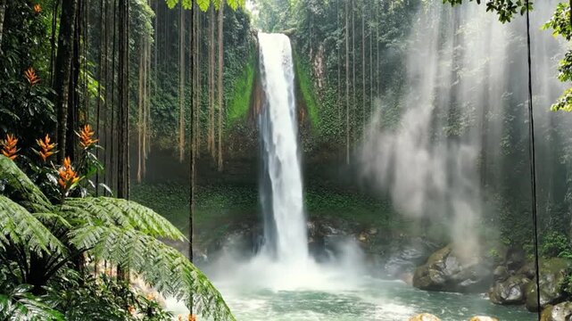 A stunning waterfall cascades into a misty pool, framed by lush green vegetation and colorful flora
