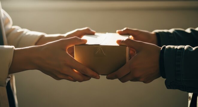 Hands exchange package in warm light