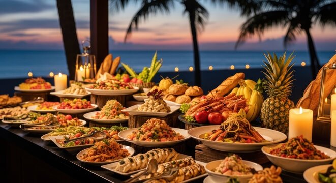 Lavish buffet spread with diverse cuisines on a tropical beach at sunset