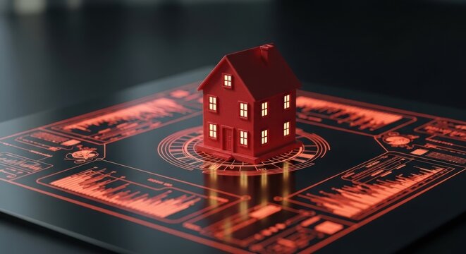 Miniature red house illuminated on a futuristic digital display with glowing interfaces