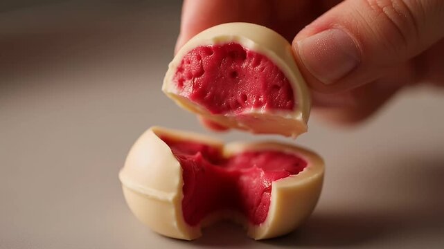 Gourmet white chocolate truffle with raspberry filling, artisan praline candy being opened by hand, luxury dessert with pink fruit ganache