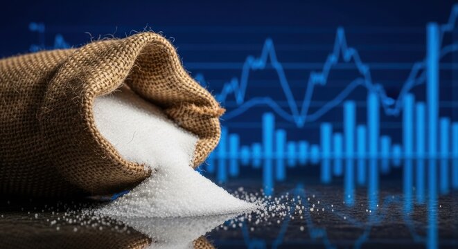Sacks of sugar spilling onto reflective surface with financial chart