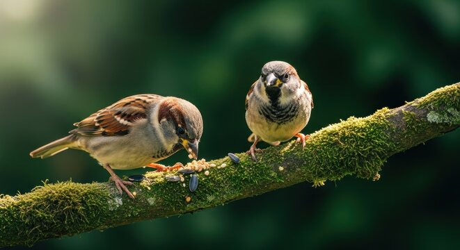 Two sparrows perched on a moss-covered branch, eating seeds