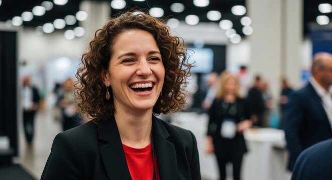 Woman with curly hair laughs joyfully in a crowded indoor event