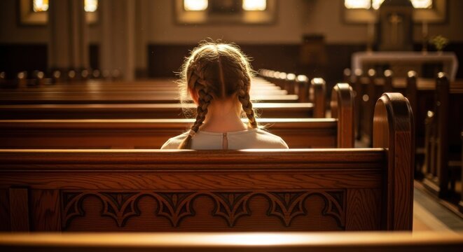 Young girl with braided hair sits alone in a sunlit church pew