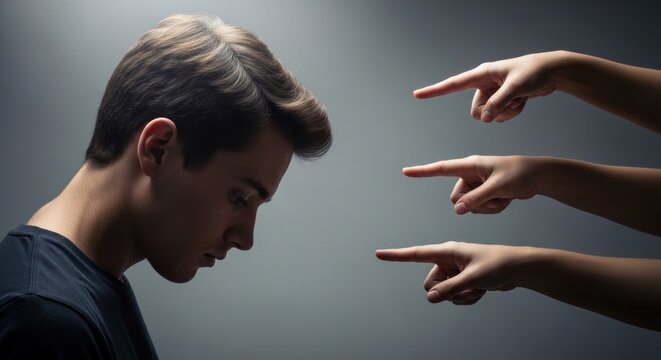 Young man bowed head, fingers pointing, feeling shame, judgment, isolation