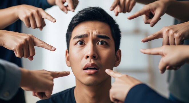 Young man's fearful face surrounded by accusing fingers