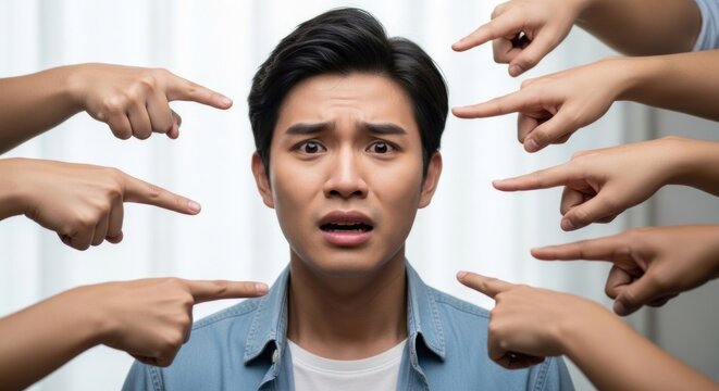 Young man overwhelmed by accusing fingers pointing at him