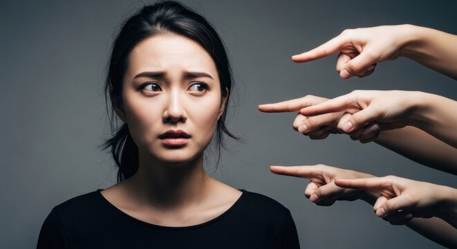 Young woman looks distressed as multiple fingers point accusingly at her