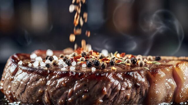 Savory seared steak seasoned with coarse salt and peppercorns