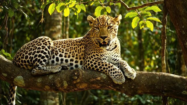 potted leopard resting on tree branch in green jungle forest sunlight
