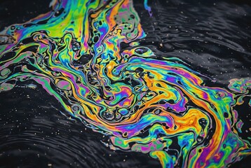Fototapeta premium Extreme macro photography of a colorful iridescent oil spill slick on water surface
