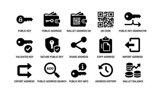 Cryptocurrency icons set: public key, wallet qr code, address management