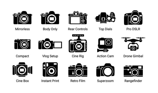 Collection of camera icons: mirrorless, pro dslr, drone gimbal, retro film, action cam