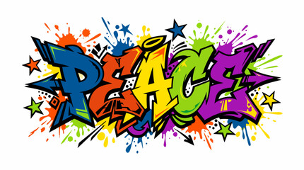 Fototapeta premium Vibrant graffiti artwork depicting the word peace in a dynamic, multicolored, splattered style