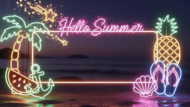 Neon frame with "Hello Summer" and tropical beach elements over a dusky ocean