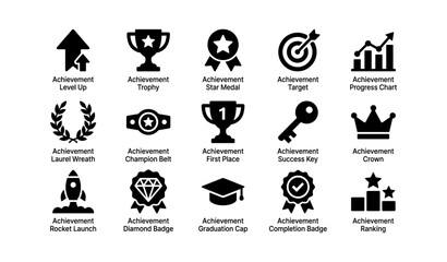 Achievement icons: medals, trophies, targets, charts, laurel, key, badge, cap, crown