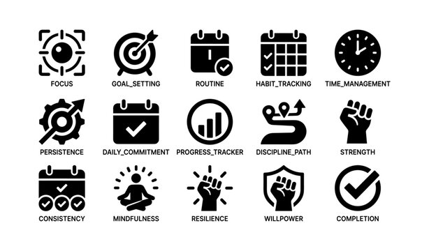 Icons for focus, goal setting, routine, and time management