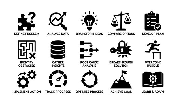 Icons illustrating problem solving and project management strategies