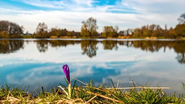 A purple crocus blooms near a calm lake, reflections of trees and sky visible