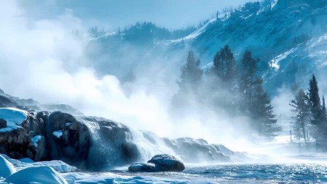 Geothermal hot springs resort, spa, bath pool, winter relaxation vacation theme. A highresolution digital artwork of a snowy landscape with a waterfall cascading down a rocky outcrop.